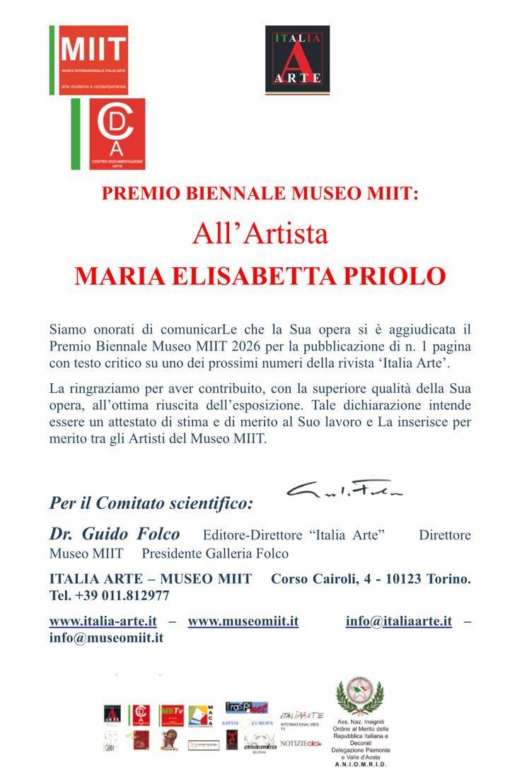 Attestato del Premio Biennale Museo MIIT 2026 conferito a Maria Elisabetta Priolo
